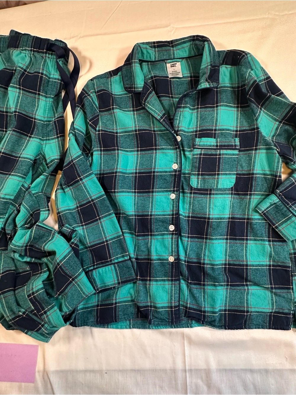 Lands' End Teal and Navy Plaid Women's Flannel Pajama Set